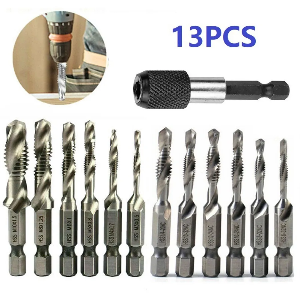 

13pc Screw Thread M3-M10 Metric SAE Combination SAE Taps Drill Bits W/Quick Change With Quick Change Adaptor