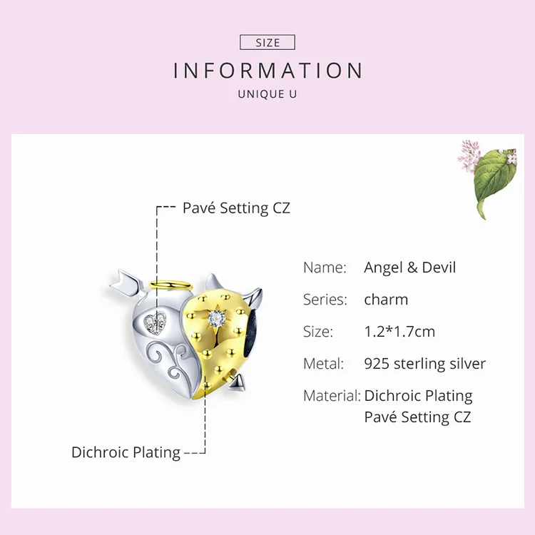 Подлинные бусины в форме сердца ангел дьявол подходит для браслета ожерелья