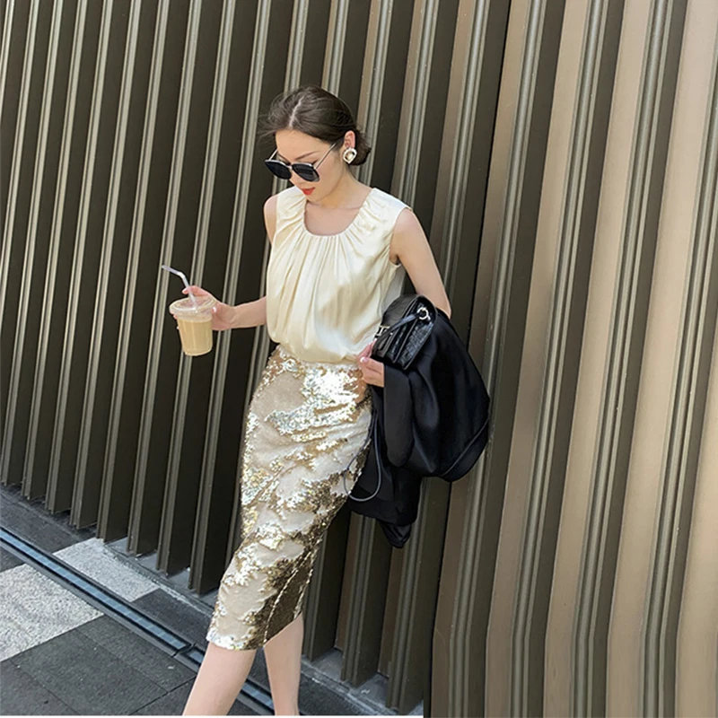 High-waist Fashion Sparkling Double-sided Sequin Skirt Autumn Winter Slim Fit Hip Wrap Dress Party Elegant Women Green Skirts | Женская