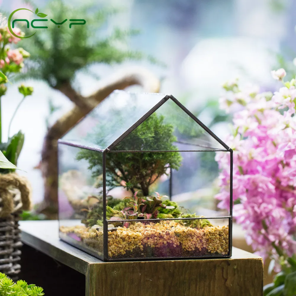 NCYP черный современный стеклянный цветочный горшок форма дома геометрический