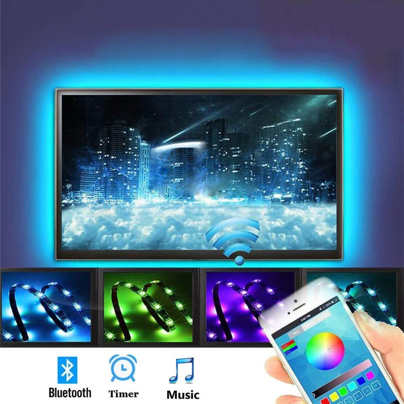 

Многоцветная светодиодная ленсветильник, Bluetooth, управление через приложение, USB, ТВ, фон, светильник вая полоса, 5 В, RGB, водонепроницаемая све...