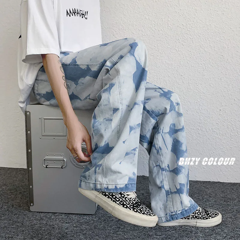 

2021 New Spring Autumn Denim Pants Men Tie-Dye Sports Straight Casual Jean Pants Men's Hip-Hop High Street Trendy Wide-Leg Jeans