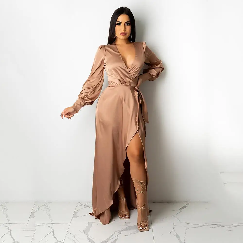 

Deep V-neck Long Sleeve Bandage Dress Women's Solid Color Lace Up Silken Face Long Vestidos Elegant Split Irregular Maxi Dress
