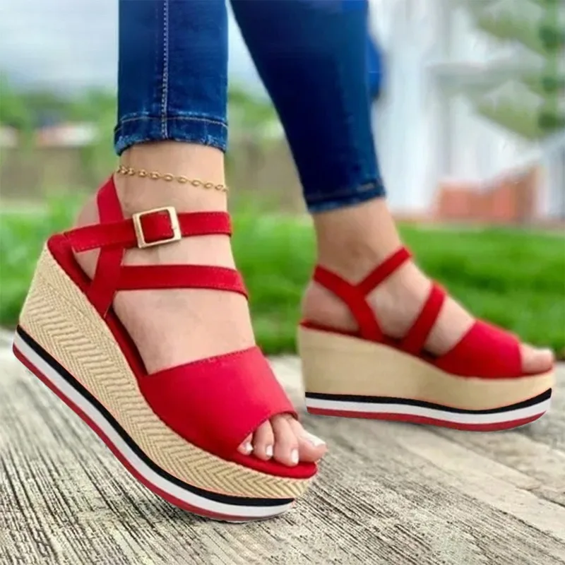

2021 Women's Sandals Vintage Wedge Shoes Women Buckle Strap Straw Thick Bottom Flats Platform Sandals Flock Female Shoes Summer
