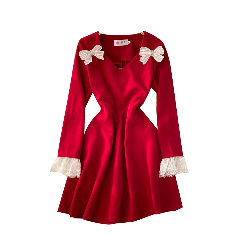 

Korean 2021 spring new dress V-Neck long sleeve shoulder bow slim feminine short fashion