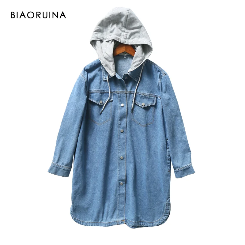 BIAORUINA Женская Повседневная синяя джинсовая длинная куртка с капюшоном пальто