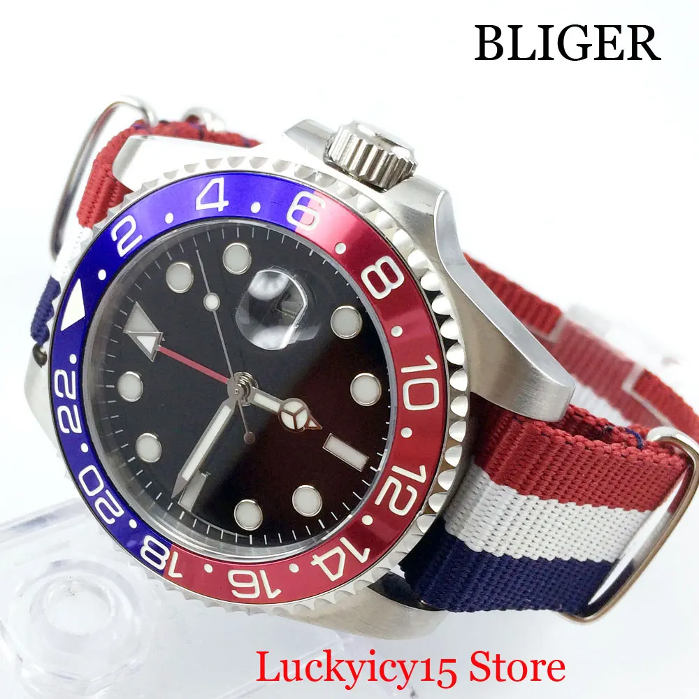 BLIGER 40mm Automatic Wristwatch Date Window Sapphire Glass Red Blue Bezel Red GMT Hand Nylon Strap