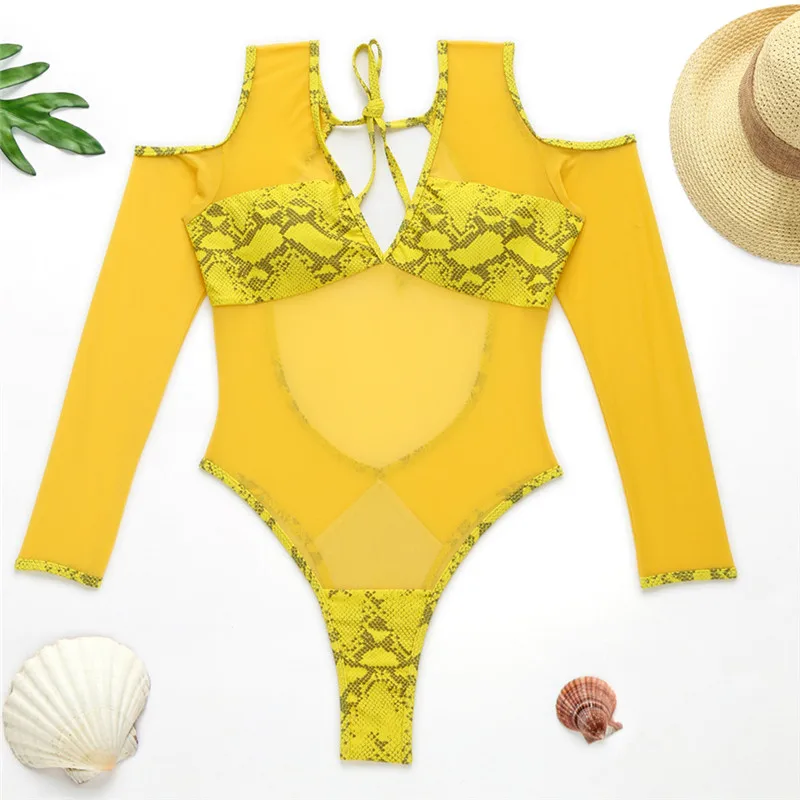 Peachtan Sexy snake print one-piece suit Yellow mesh one piece swimsuit women Bandage swimwear female High cut monokini Bodysuit | Спорт и