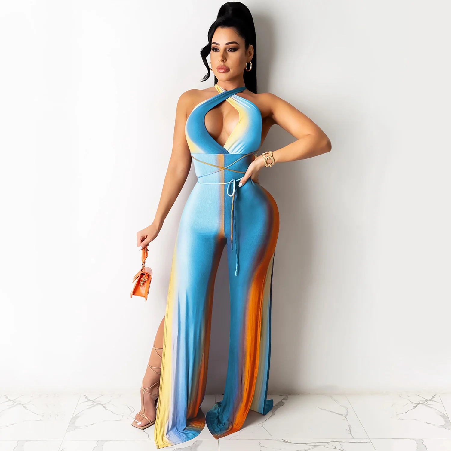 

Sexy Print Bodycon Jumpsuits Halter Bodycon Backless Bandage Elegance Wide Leg Pants Overalls Party Birthday Outfits for Women