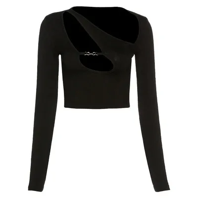 

Spring style solid color long-sleeved short style navel exposed design slim T-shirt for external wear