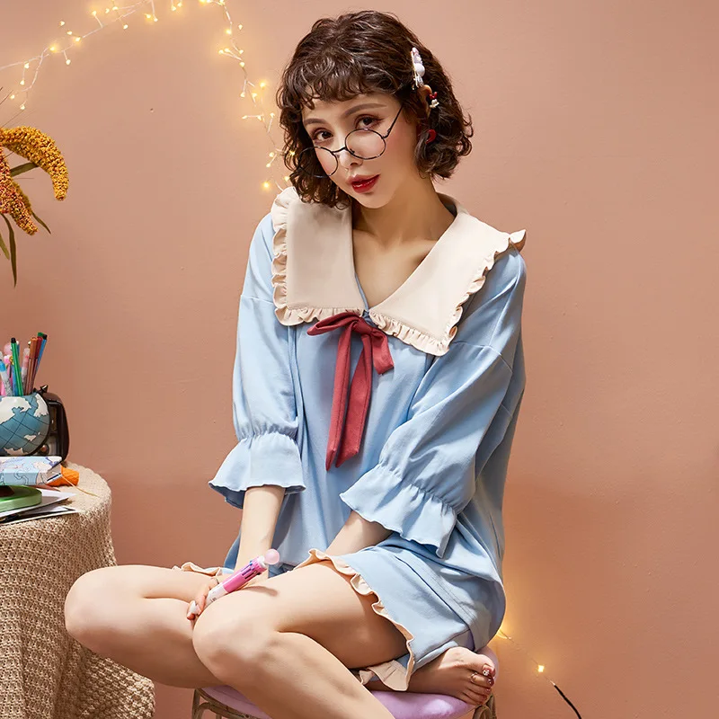 

Summer College Style Women's Cotton Short Sleeve Pajamas Sets Navy Collar Bow Sailor Moon Sleepwear Sweet Lovely Girls Homewear