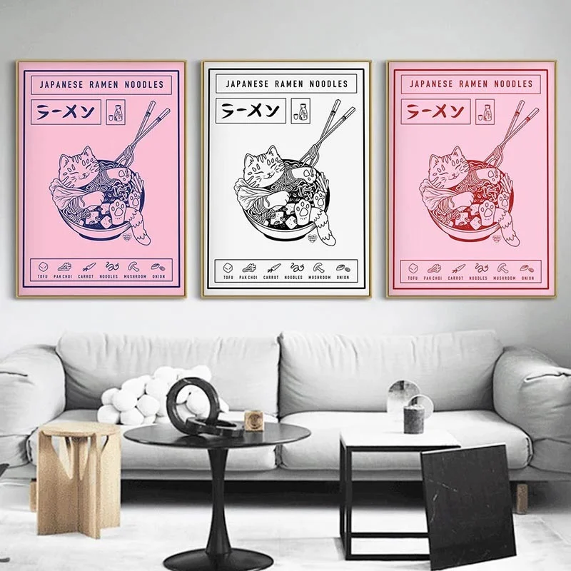 

Japanese Ramen Cartoon Cat Animals Canvas Art Painting Kitchen Decoration Wall Picture Noodles Food Posters and Prints for Kids