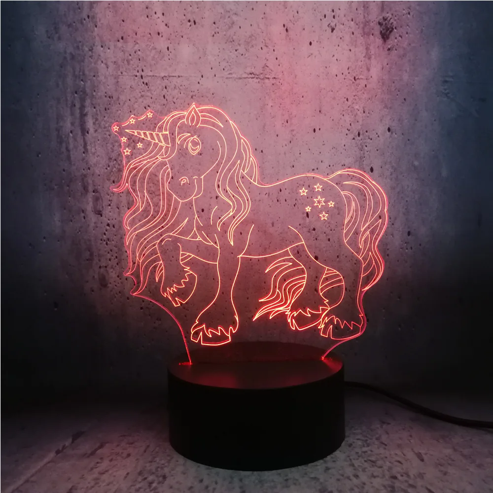 3D светодиодный светильник ночник длинные волосы единорог лошадь RGB лампа