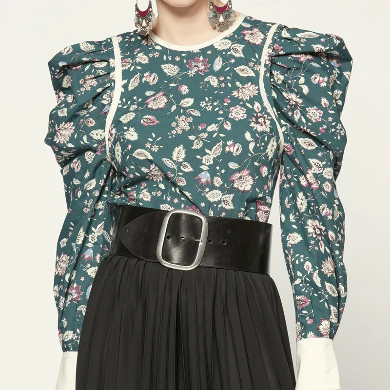 

Women Green Long Sleeve Blouse Floral Print Stitching Pleated Shoulder Pad O-neck Retro Top Shirt