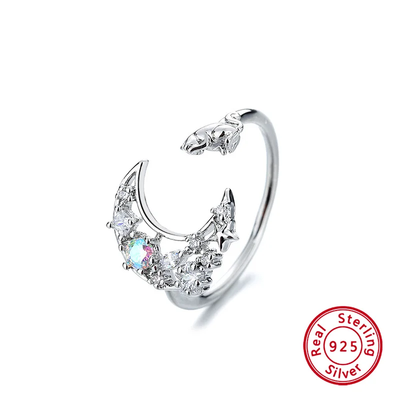 

Trend 2021 Fashion Adjuestable Size Luxury Moon Cat Ring Silver 925 Charm Jewelry Sweet Women Gifts