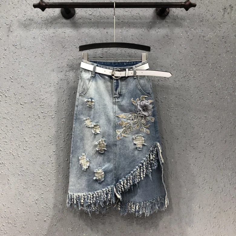

Tassel Ripped Flower Denim Skirt Fashion Lady Irregular Denim Jeans Skirts Women's Package Hip Summer Autumn Mid-Length Skirt