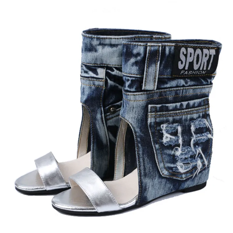 

Fashion Women Summer Boots Denim Sandals Height Increasing Wedge Shoes Woman Ankle Booties Slip-on Gladiator Sandal Wedges