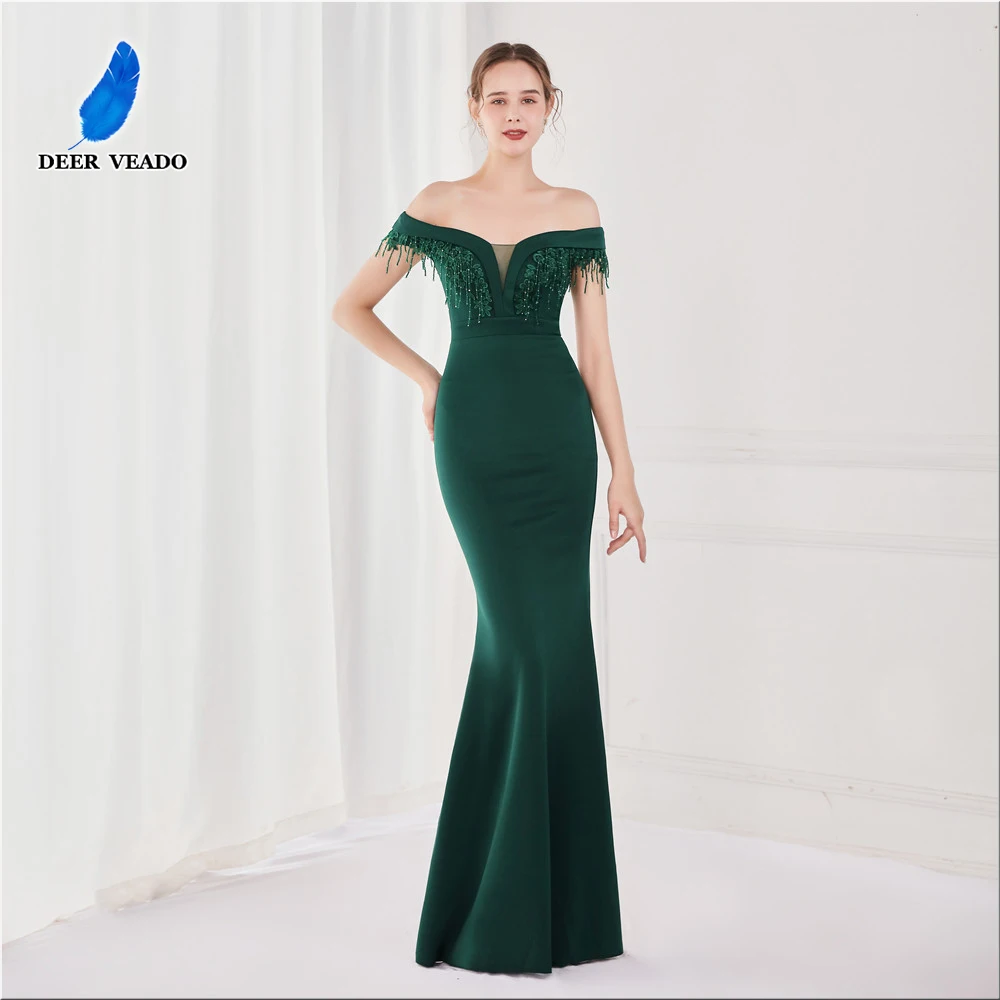 DEERVEADO Elegant Women's Mermaid Evening Dresses 2022 New Off Shoulder Emerald Green Beads Formal Dress Party Dresses K19130