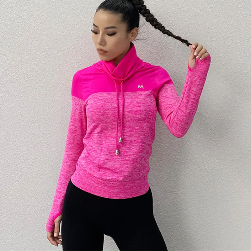 Rose Red Женская Спортивная футболка с высоким воротником и шнуровкой и длинным рукавом, футболка для спортзала или йоги - Color: Rose Red