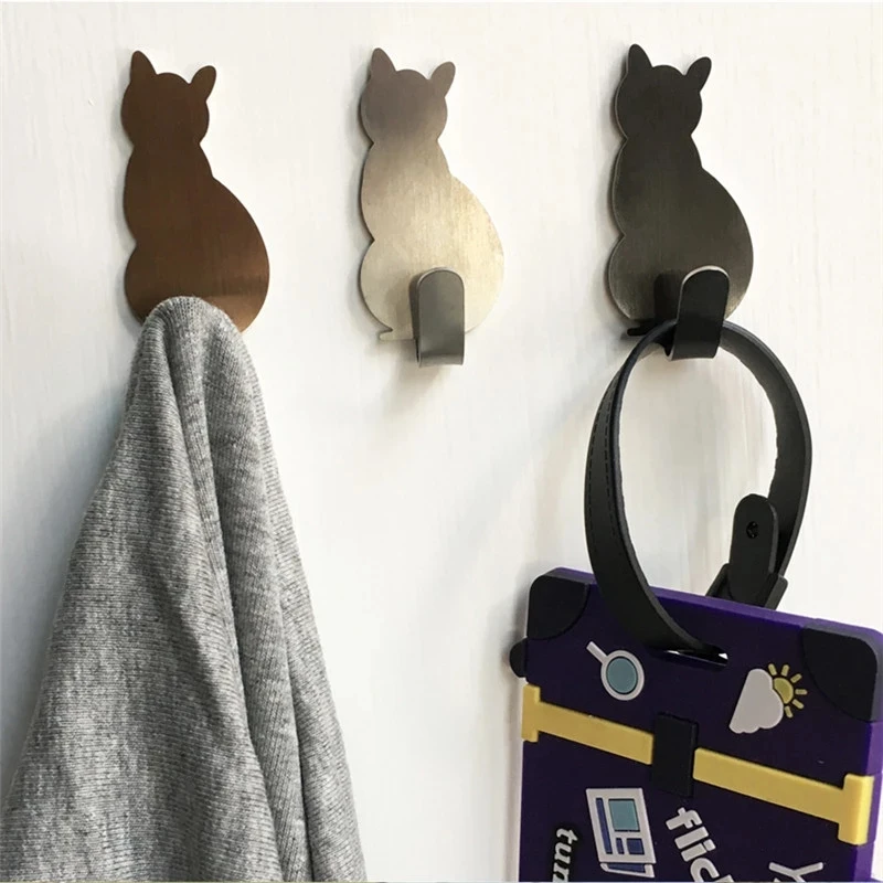

2Pcs Kitchen Stainless Steel Cartoon Cat Lovers Shape Door Hook Storage Hanger Adhesive Hook Kitchen Bathroom Home