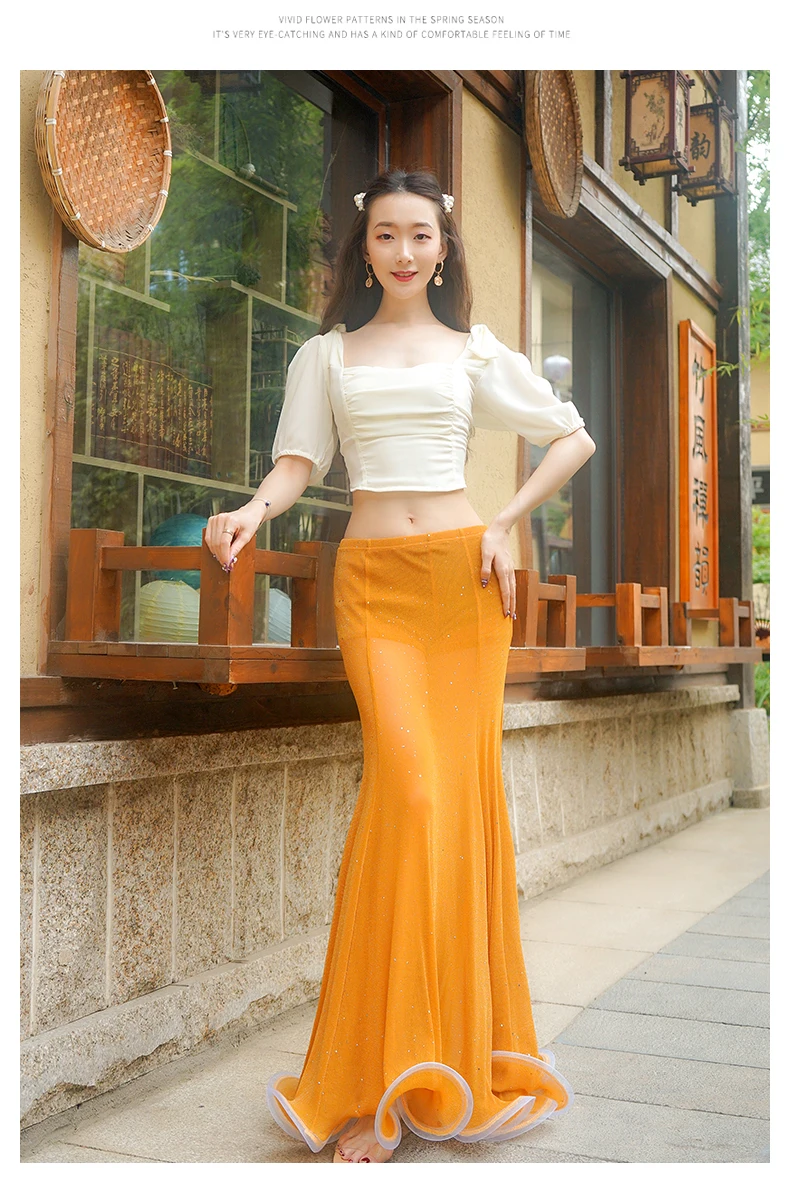 

2021 new belly dance suit sexy top + elegant ruffled waist fishtail skirt oriental dance practice clothes belly dance set