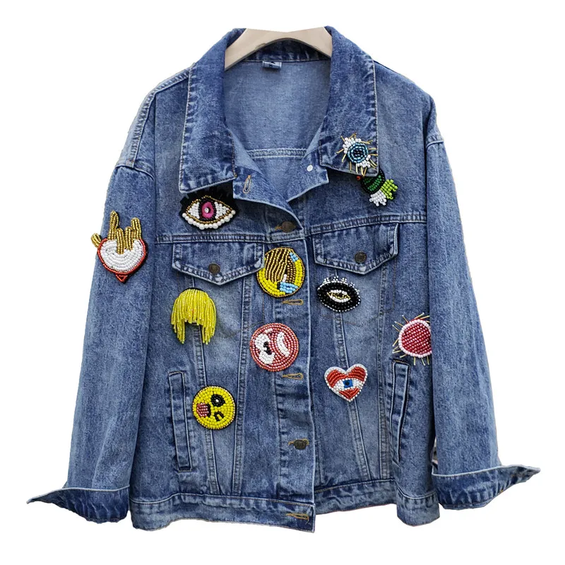 

2020 Spring New Korean-style Industry Badge Applique Personality Short Jeans Coat Women's Vintage Loose-Fit Jacket Denim Coats