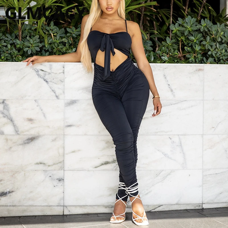 

Spaghetti Strap Tie Front Cut Out Jumpsuit Slim Summer Solid Chic Overalls