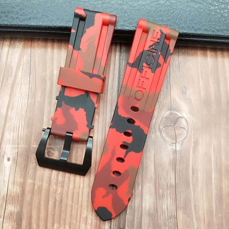 24camo RED BLK 24 мм 26 мм черный белый оранжевый Камуфляж красный синий зеленый серый мягкий водостойкий резиновый ремешок для часов для panerai ремень, булавка, пряжка бесплатный инструмент - Цвет ремешка: 24camo RED BLK