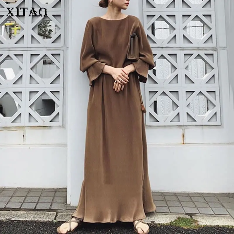 Женское плиссированное платье XITAO Повседневный пуловер с круглым вырезом и