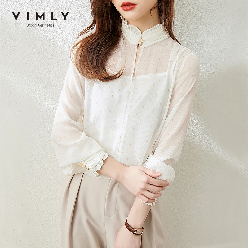 

Vimly 2021 Весенняя женская шифоновая блузка модные рубашки с воротником-стойкой и принтом с жилетом элегантная одежда офисные женские блузки ...
