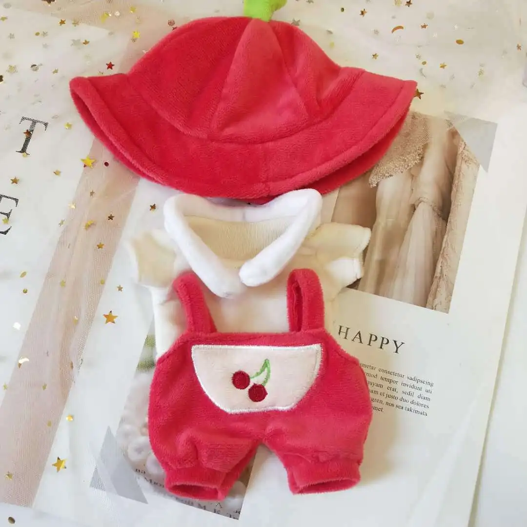 

20cm Baby Doll Plush Doll's Clothes Lovely Stuffed Toys Cherry rompers cap Dolls Accessories for Korea Kpop EXO Idol Dolls