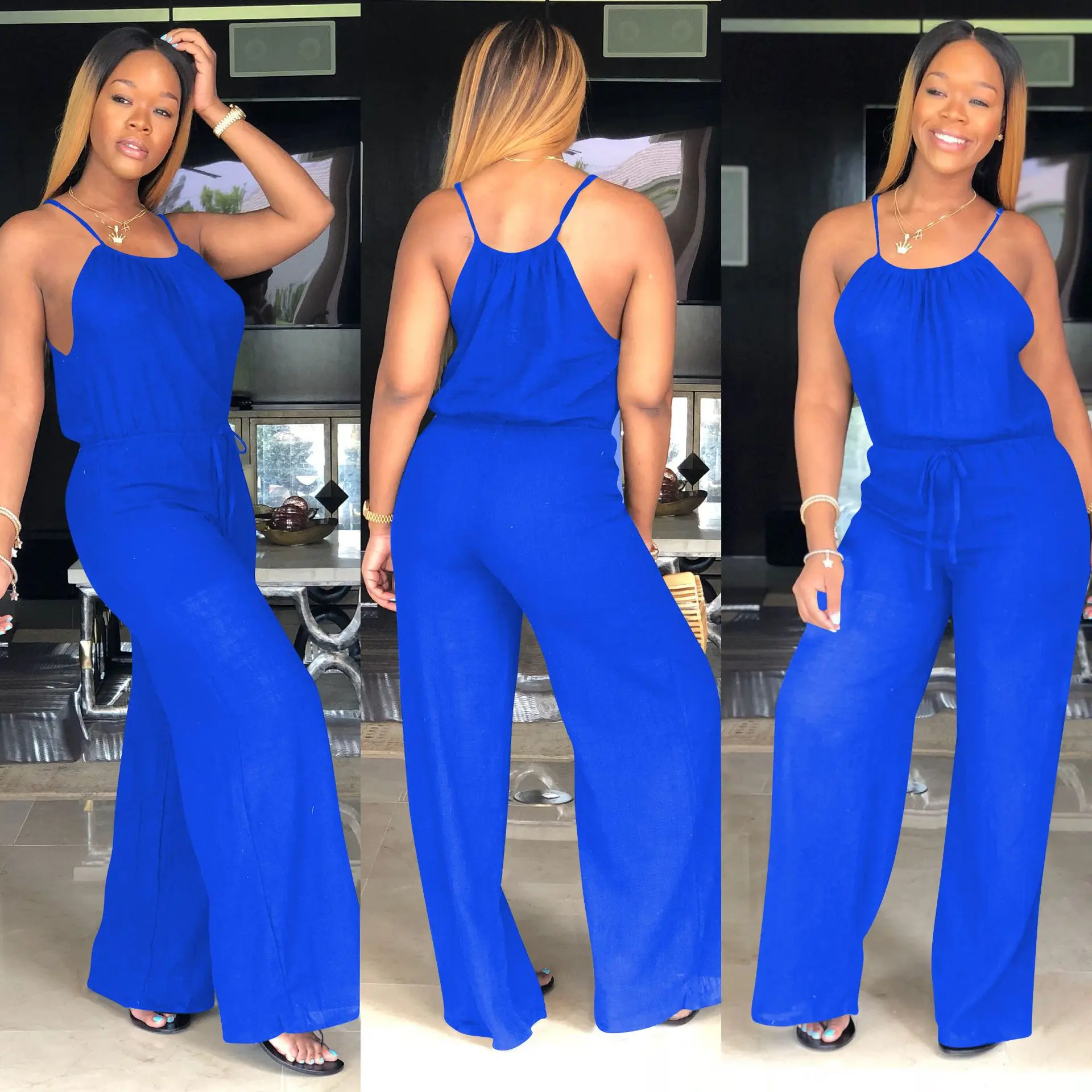 

Sexy Women's Suspenders Low-Cut Loose Wide-Leg Jumpsuit