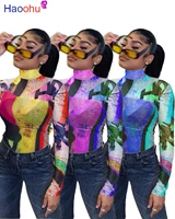 haoohu women gradient tie dye print turtleneck long sleeve t shirt tops for 2021 new summer spring tee tops