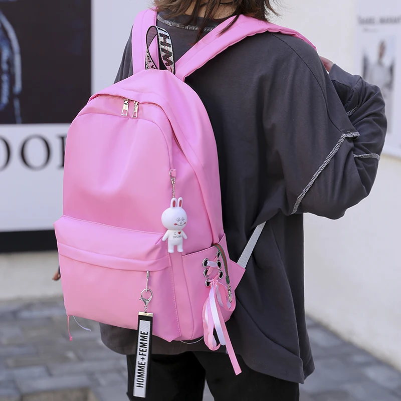 

LU.FAWN Fashion New Trend Pure Color Shopping Women's Backpack OxfordCloth Cute Bunny Zipper Pendant Simple Anti-Theft Bag6609