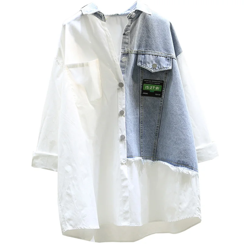 

2021 Medium White Blouse Women Patched Denim Tops Trend Girls Street Wear Raglan Sleeve Loose Women Shirt