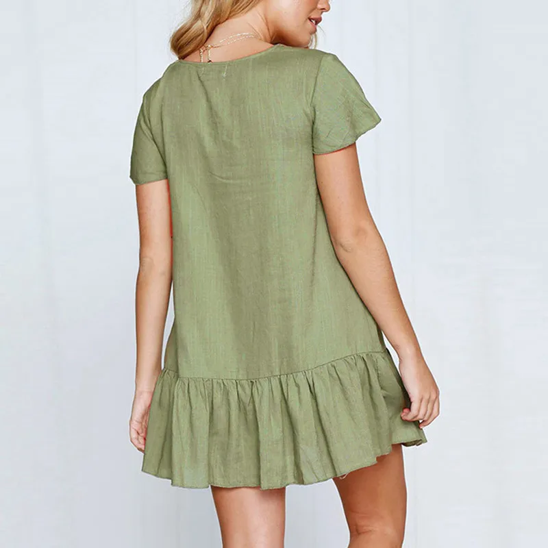

2021 Summer Womens New V-Neck Button Short-Sleeved Loose Cotton And Linen Dress Women Fashion Solid Color Ruffle Stitching Dress
