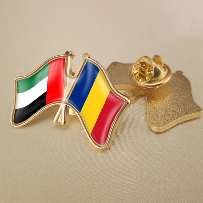 

United Arab Emirates and Romania Crossed Double Friendship Flags Lapel Pins Brooch Badges