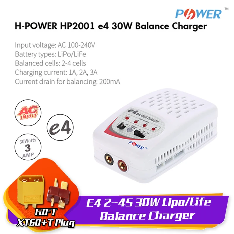 H-Power E4 2-4S Lipo/Life RC Баланс Зарядное устройство 1-3A 30 Вт 100-240 В вход T/XT60 Разъем для