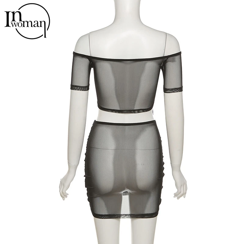 

Inwoman Sexy Summer Lace Up Two 2 Piece Set Women Ladies Matching Sets Bodycon Transparent Strapless Crop Top And Mini Skirt Set
