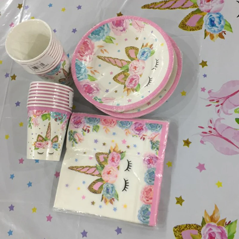 

Birthday Party Decoration Disposable Plates Tablecloth First Birthday Girl Party Baby Shower Unicornio Party Supplies