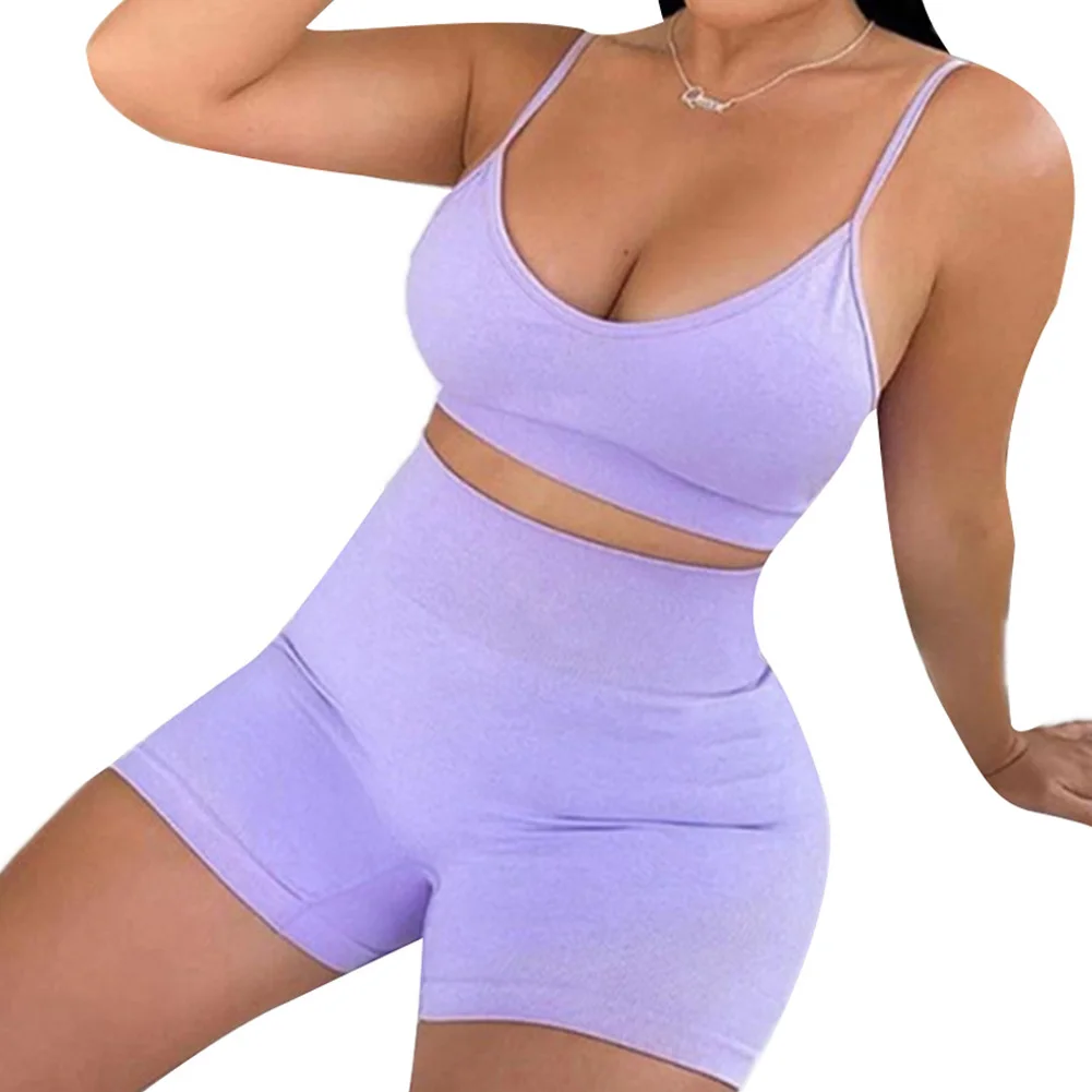 

2PCS Women Solid Color Sport Outfit Slim V Neck Spaghetti Strap Top and High Waist Shorts Set