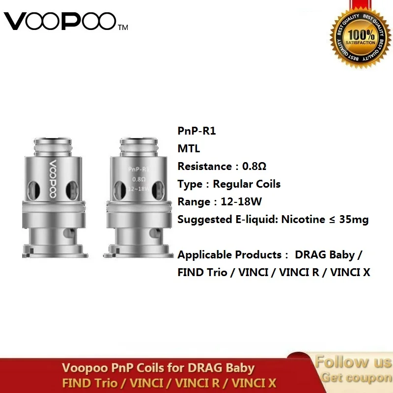 Original VOOPOO PnP Vape Coil Head Pnp-M2 Pnp-R1 Pnp-C1 PnP-VM1 Mesh PnP-R1 Mesh PnP RBA for VINCI R VINCI Mod Drag Baby trio