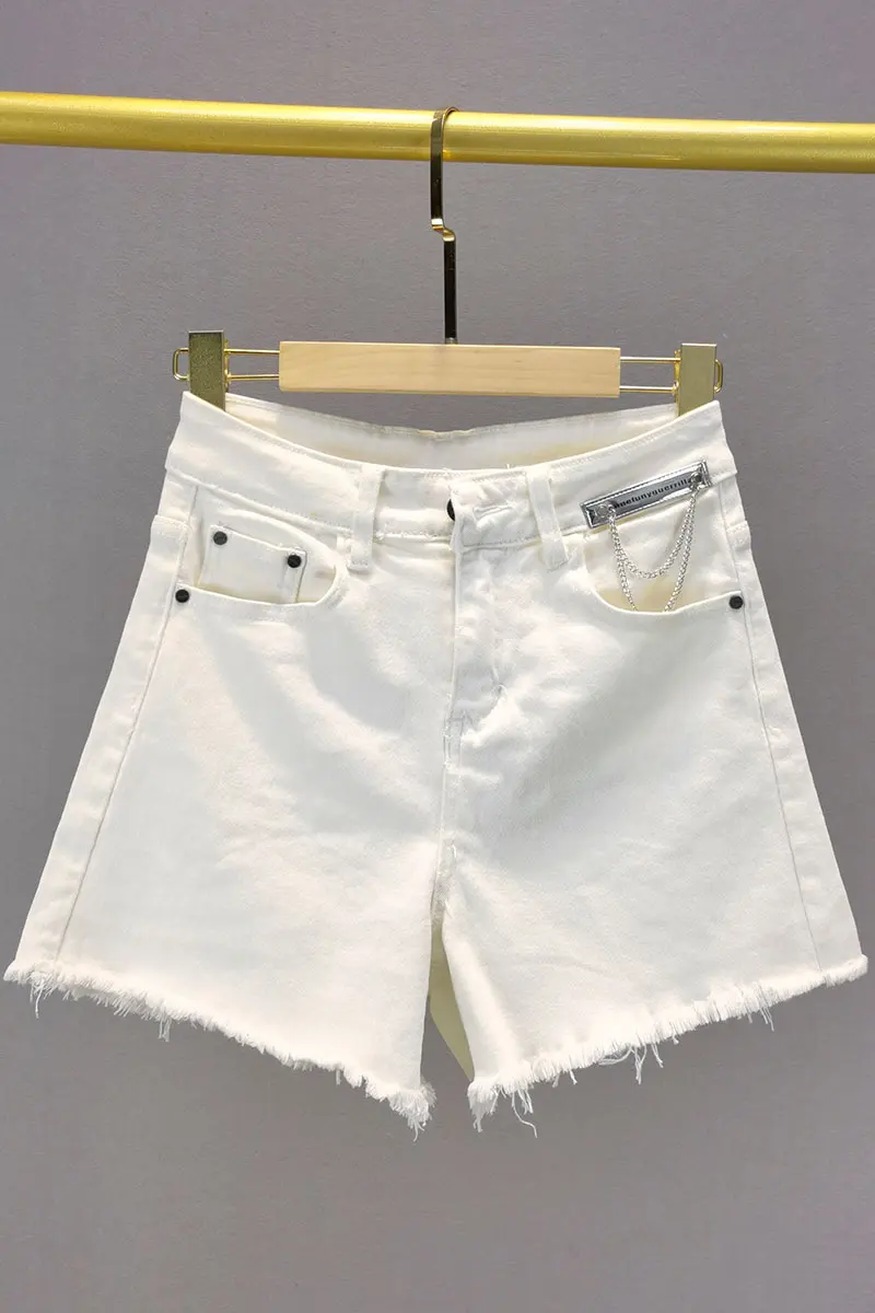 

Casual White Fur Raw Edge Jeans Shorts Women's 2021 Summer New High Waist Loose Slim Stretchy Wide-Leg Hot Pants Short Trousers