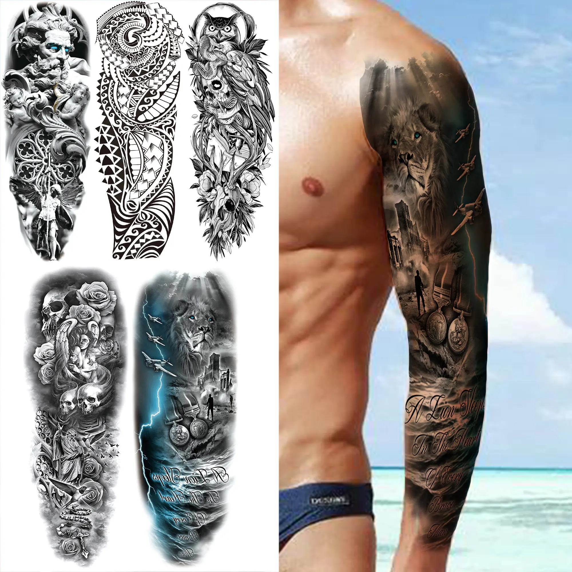

Large Lion Airplane Temporary Tattoos Sleeve For Men Women Realistic Fake Skull Owl Totem Tattoo Sticker Full Arm Tatoo Thigh