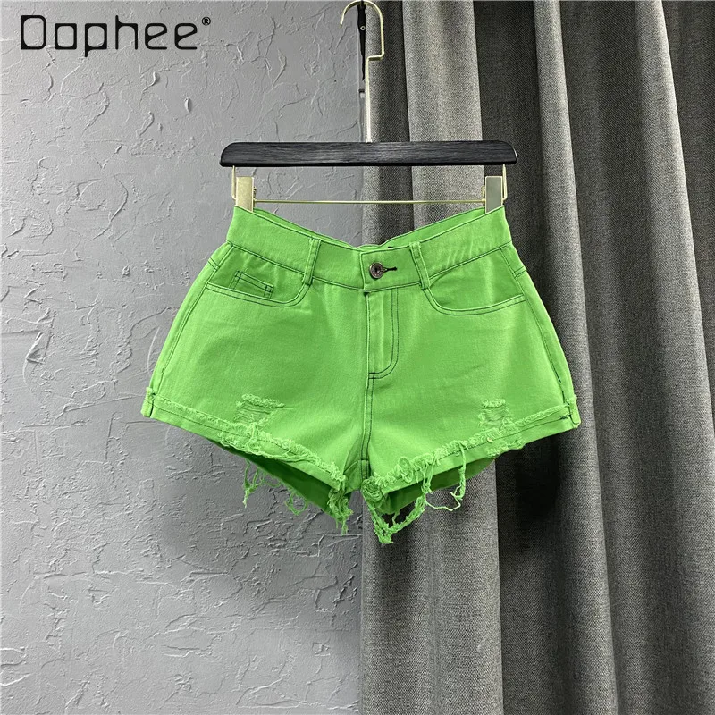 

2021 New Summer Green Ripped Tassel Hot Pants High Waist Denim Shorts Women's Versatile Slimming Slim-Fit Jeans Pants