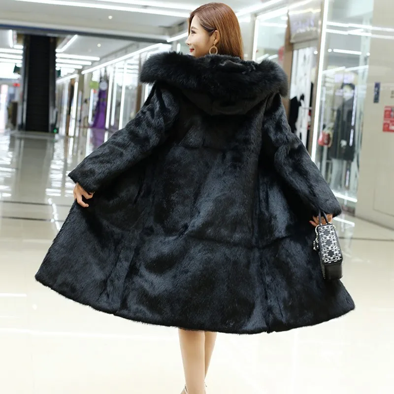 

Luxury Ladies Rabbit Real Fur Womens Long Overcoats Long Sleeve Stand Collar Slim Fit Winter Thick Warm Coats Plus Size S-6XL