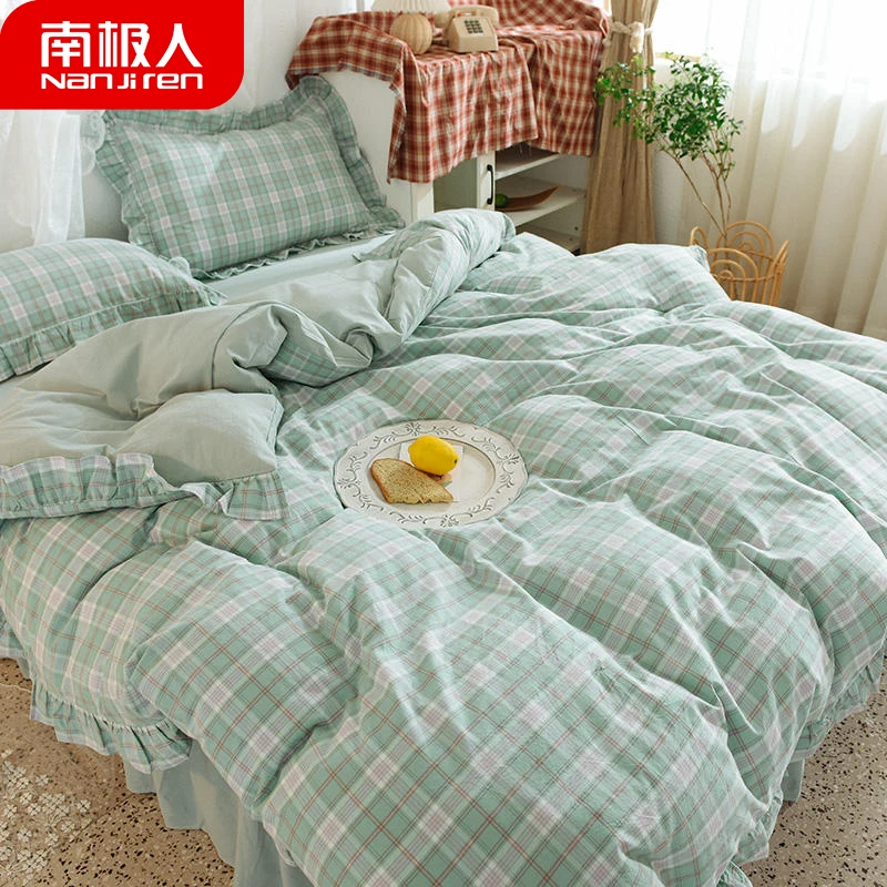 

Nordic Style Ins Cotton Four-Piece Set 100 Cotton Bed Skirt Quilt Cover Bed Sheet Dormitory Single Person Double Bed