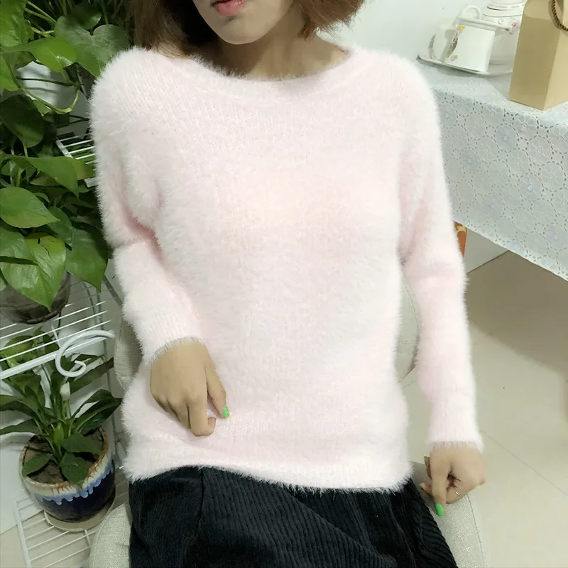 Женский свитер пуловер из мохера однотонный Повседневный свободный круглый