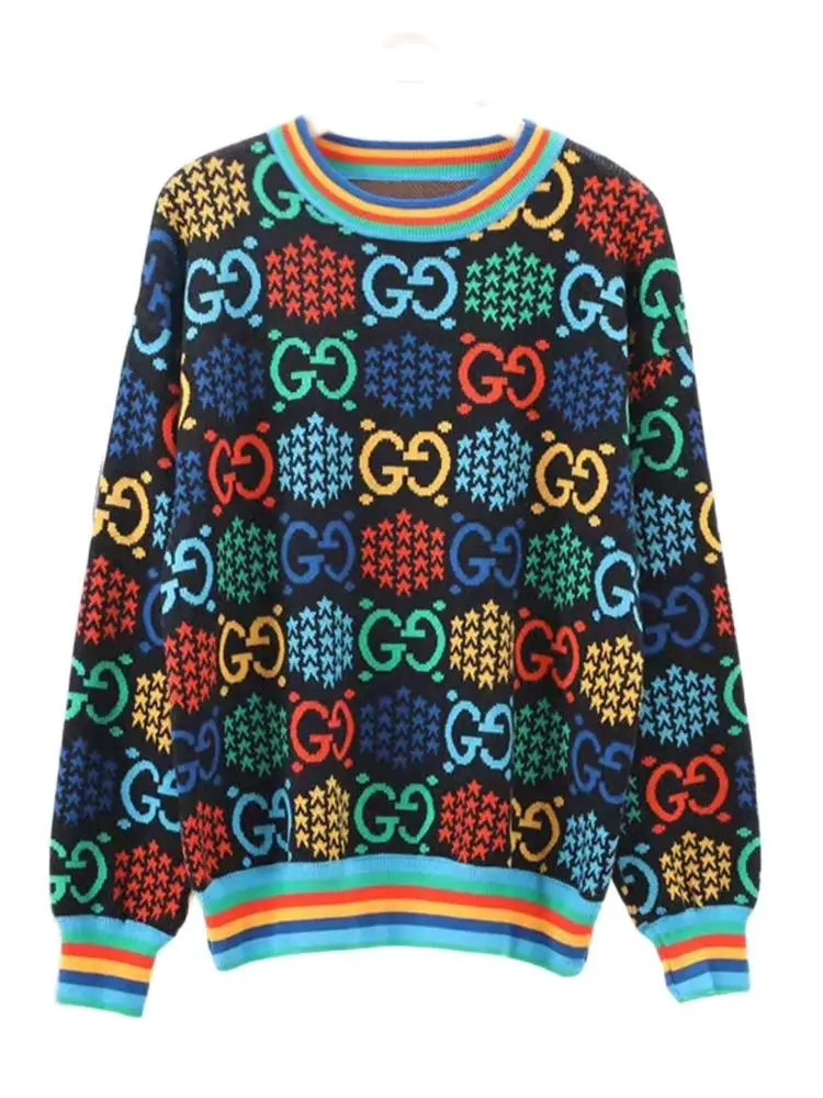 

Новый стиль, вязаная одежда высокого качества, цветной вязаный свитер с круглым вырезом, новинка на весну и осень, Повседневный свитер с раз...