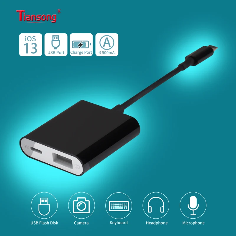 2 в 1 OTG адаптер кабель 8 pin к USB и зарядный разветвитель для Apple Phone Black|Кабели